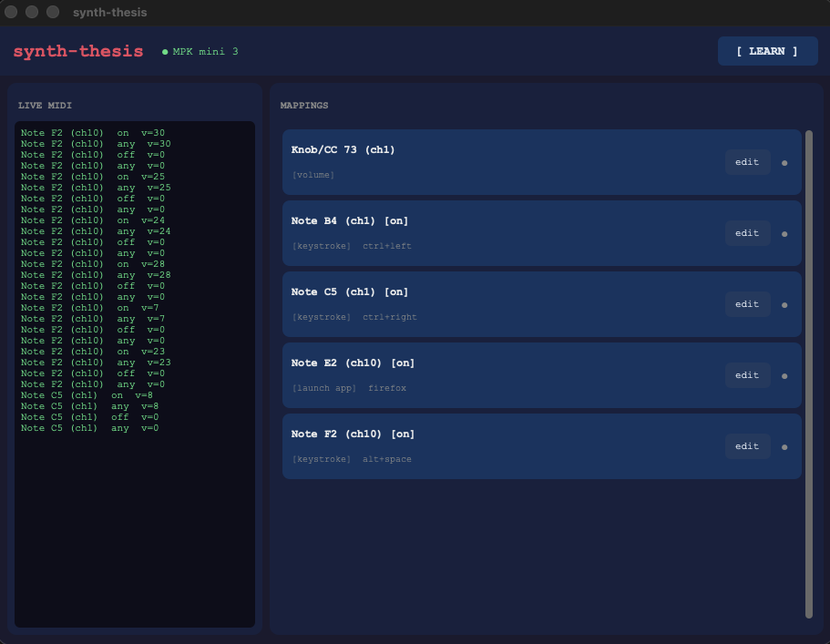 synth-thesis GUI showing live MIDI feed and mapped controls